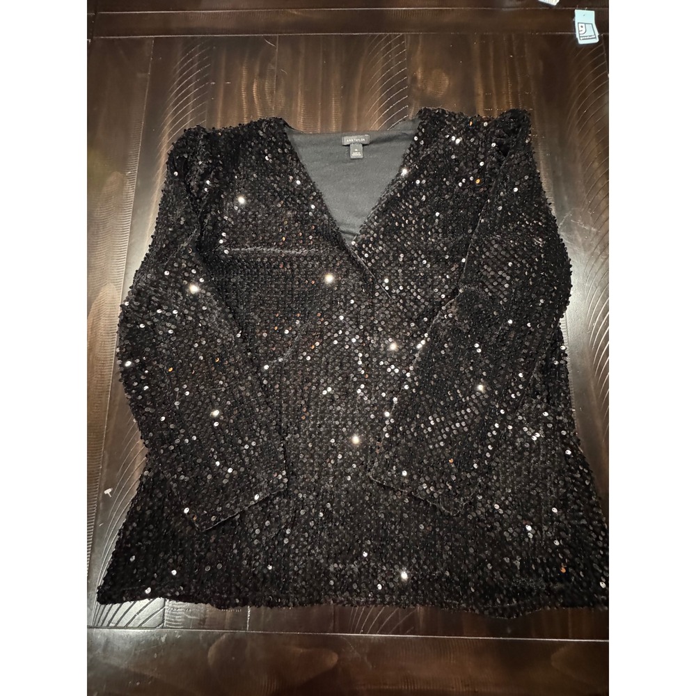 Ann Taylor Black Sequin V-Neck Long Sleeve Blouse Top XL Holiday Evening